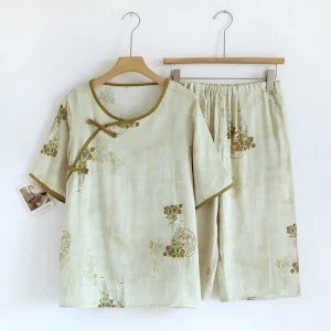 Ensemble de vêtements de détente à manches courtes et motif floral tissé