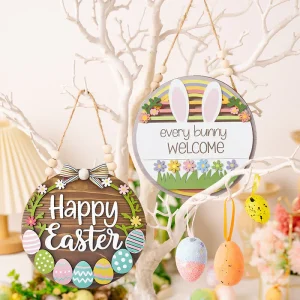 Décoration de porte en bois avec lapin et œuf de Pâques